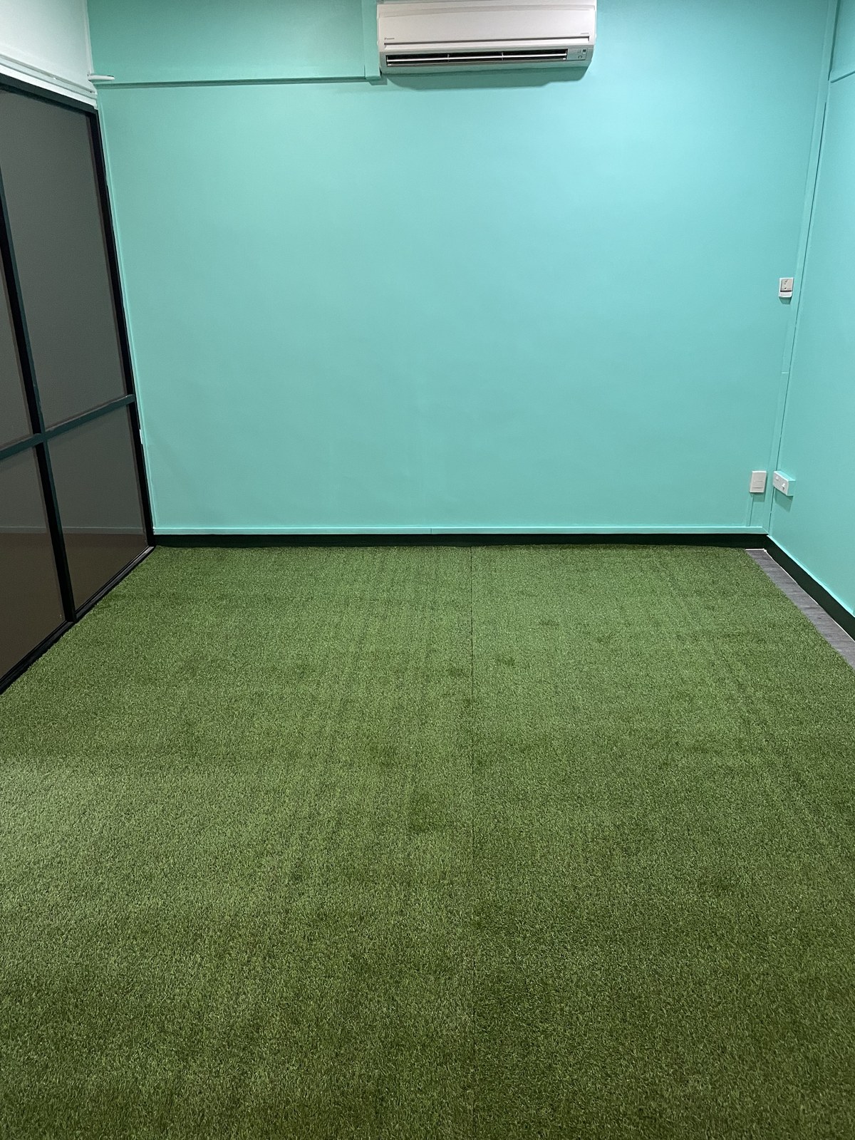 Commercial indoor space with artificial grass flooring